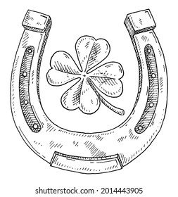 Horseshoe and four leaf clover. Vintage hatching monochrome black illustration. Isolated on white background. Hand drawn ink design