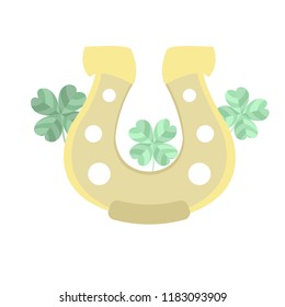 Horseshoe and four-leafed clover. Lucky symbol. Vector illustration isolated on white background.