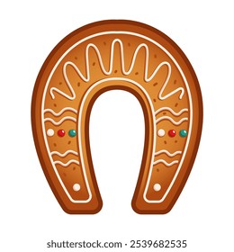 Horseshoe gingerbread cookie flat color vector object. Tasty pastry with glaze for Christmas celebration illustration on white background
