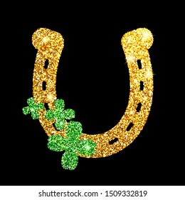 Horseshoe gold glitter. Four-leaf clover. Vector illustration. Happy St. Patrick's Day.