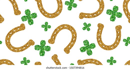 Horseshoe gold glitter. Hoof horse. Four-leaf green clover. Seamless pattern on white background. Vector illustration. Happy St. Patrick's Day.