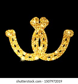 Horseshoe gold glitter on black background. Hoof horse. Symbol luck. Vector illustration.