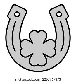 Horseshoe for good luck and clover leaf - icon, illustration on white background, grey style