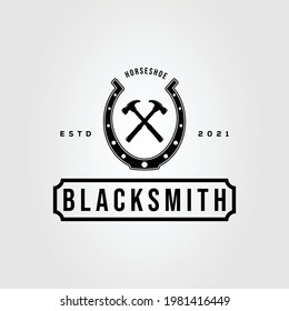 horseshoe, hammer and blacksmith logo vector illustration design