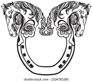 horseshoe and heads of two horses. Floral style decor, emblem, a symbol of luck and fortune. Black and white vector illustration