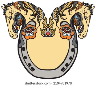 horseshoe and heads of two horses. Floral style decor, emblem, a symbol of luck and fortune. Vector illustration