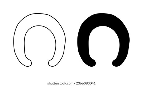 Horseshoe. Hoof footprint of shod horse or pony. Silhouette and outline. Vector isolated on white. Black and white drawing. Traces of horseshoes of a donkey, mule. Icon. For print, textile