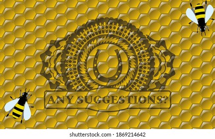 horseshoe icon and Any suggestions? text sweet honey realistic emblem. beekeeping handsome background. Intense illustration. 