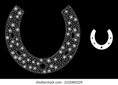 Horseshoe icon and bright mesh net horseshoe structure with glowing light spots. Illuminated model generated from horseshoe vector icon and triangle mesh. Illuminated frame horseshoe,