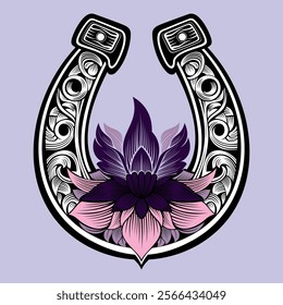 Horseshoe icon with flower lotus . Luck symbol. Vector