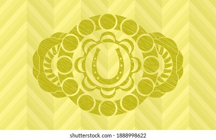 horseshoe icon inside Yellow stroke badge. Lemon graceful background. Intense illustration. 