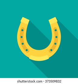 Horseshoe icon with long shadow. Flat design style. Horseshoe simple silhouette. Modern, minimalist icon in stylish colors. Web site page and mobile app design vector element.