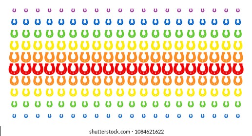 Horseshoe icon rainbow colored halftone pattern. Vector symbols organized into halftone matrix with vertical spectrum gradient. Constructed for backgrounds, covers, templates and abstraction effects.