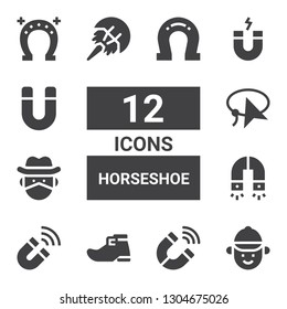 horseshoe icon set. Collection of 12 filled horseshoe icons included Jockey, Magnet, Leprechaun shoe, Cowboy, Lasso, Horseshoe