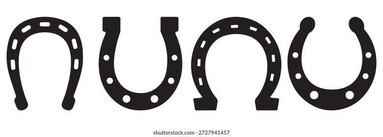 Horseshoe Icon Vector Set with Outline and Silhouette Styles, Lucky Symbol Line Art 
with Editable Stroke Isolated on White
