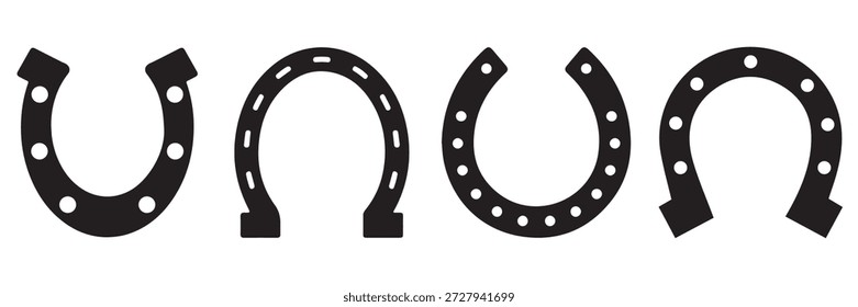 Horseshoe Icon Vector Set with Outline and Silhouette Styles, Lucky Symbol Line Art 
with Editable Stroke Isolated on White