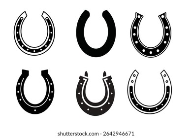 Horseshoe Icons A Collection of Eight Unique Black and White Horseshoe Designs for Your Projects. Perfect for logos, websites, or any design needing a touch of luck and tradition.