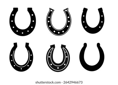 Horseshoe Icons A Collection of Eight Unique Black and White Horseshoe Designs for Your Projects. Perfect for logos, websites, or any design needing a touch of luck and tradition.