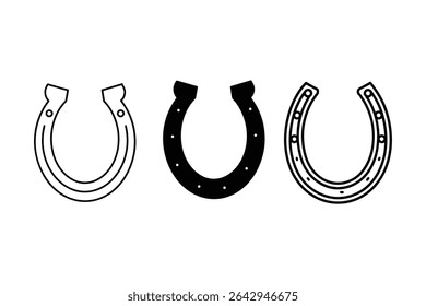 Horseshoe Icons A Collection of Eight Unique Black and White Horseshoe Designs for Your Projects. Perfect for logos, websites, or any design needing a touch of luck and tradition.