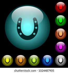 Horseshoe icons in color illuminated spherical glass buttons on black background. Can be used to black or dark templates