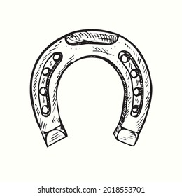 Horseshoe. Ink black and white doodle drawing in woodcut style