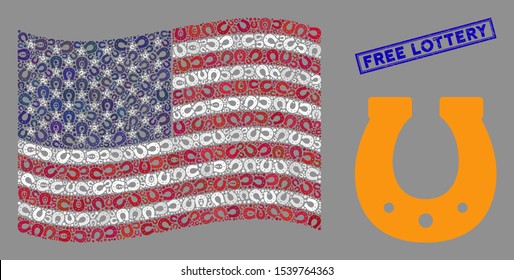 Horseshoe items are combined into USA flag stylization with blue rectangle grunge stamp seal of Free Lottery text. Vector collage of USA waving state flag is designed with horseshoe elements.