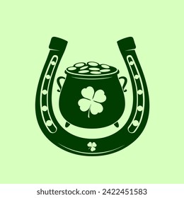 Horseshoe and Leprechaun Pot of golden coins. Vector illustration