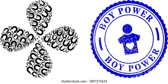 Horseshoe magnet centrifugal flower cluster, and blue round BOY POWER scratched badge with icon inside. Element flower created from oriented horseshoe magnet symbols.