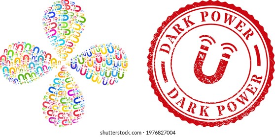 Horseshoe magnet colored exploding flower with 4 petals, and red round DARK POWER rough stamp seal. Horseshoe magnet symbol inside round stamp seal.