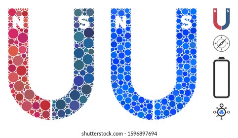 Horseshoe magnet composition of filled circles in variable sizes and color tones, based on horseshoe magnet icon. Vector filled circles are united into blue composition.