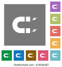 Horseshoe magnet flat icons on simple color square backgrounds