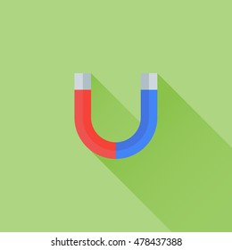Horseshoe magnet flat style icon with long shadow on green background. Vector illustration.