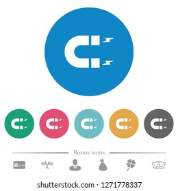 Horseshoe magnet flat white icons on round color backgrounds. 6 bonus icons included.