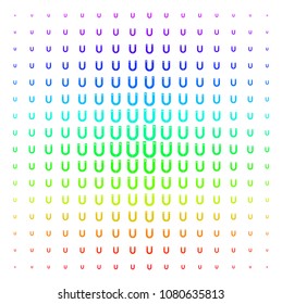 Horseshoe Magnet icon spectral halftone pattern. Vector horseshoe magnet shapes arranged into halftone grid with vertical spectral gradient. Designed for backgrounds, covers and abstraction effects.
