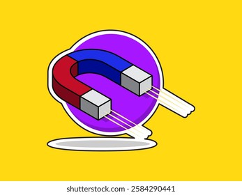 Horseshoe magnet isometric icon illustration design, with two south and north poles in red and blue color, has attractive force, realistic icon vector with sticker style on yellow background