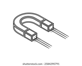 Horseshoe magnet isometric icon illustration design, with two poles south and north in red and blue color, has attractive force, vector icon with black outline only