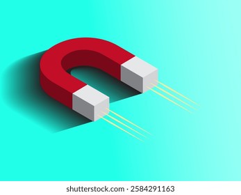 Horseshoe magnet isometric icon illustration design, with two south and north poles in red and blue colors, has attractive force, realistic icon vector with shadow on gradient turquoise background