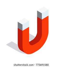 Horseshoe magnet isometric vector icon design. Electromagnet 3d symbol illustration. Magnetic lodestone equipment sign.