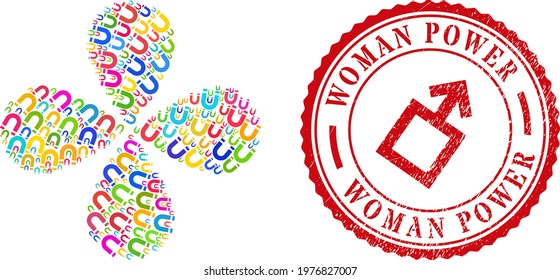 Horseshoe magnet multi colored rotation flower with four petals, and red round WOMAN POWER unclean rubber print. Horseshoe magnet symbol inside round rubber print.