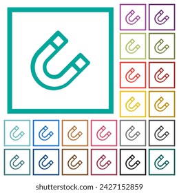 Horseshoe magnet outline flat color icons with quadrant frames on white background