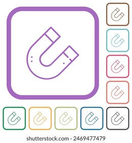 Horseshoe magnet outline simple icons in color rounded square frames on white background
