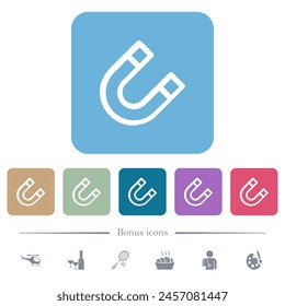 Horseshoe magnet outline white flat icons on color rounded square backgrounds. 6 bonus icons included