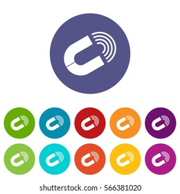 Horseshoe magnet set icons in different colors isolated on white background