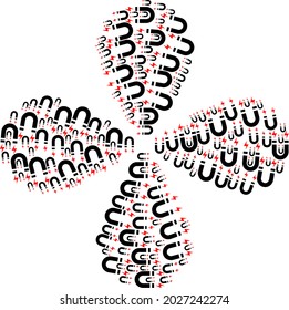 Horseshoe magnet twirl flower with four petals. Object flower designed from oriented horseshoe magnet items. Vector flower collage in flat style.