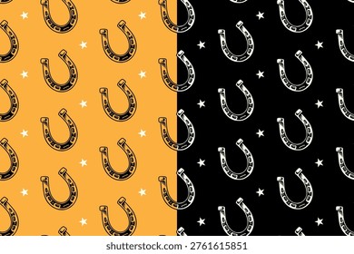 Horseshoe minimal hand drawn pattern background for luck themed. Lucky horseshoe vintage seamless pattern for western and rustic decor. Metal horseshoe retro repeat background for good fortune