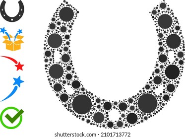 Horseshoe mosaic icon. Vector mosaic is organized of randomized covid icons. Covid mosaic horseshoe icon and more icons. Horseshoe mosaic for breakout templates.
