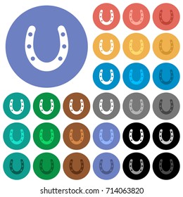 Horseshoe multi colored flat icons on round backgrounds. Included white, light and dark icon variations for hover and active status effects, and bonus shades on black backgounds.