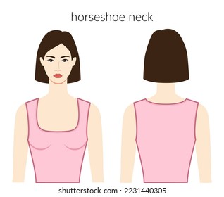 Horseshoe neckline clothes character beautiful lady in pink top, shirt, dress technical fashion illustration with fitted body. Flat apparel template front, back sides. Women, men unisex CAD mockup