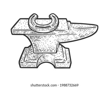 horseshoe on anvil line art sketch engraving vector illustration. T-shirt apparel print design. Scratch board imitation. Black and white hand drawn image.
