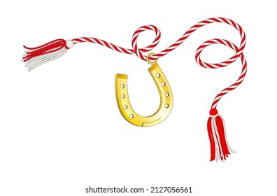 Horseshoe pendant with red-white string. Known as "martisor" it is a Romanian symbol of spring offered to loved ones as a talisman of good luck, health, friendship and love. Vector illustration